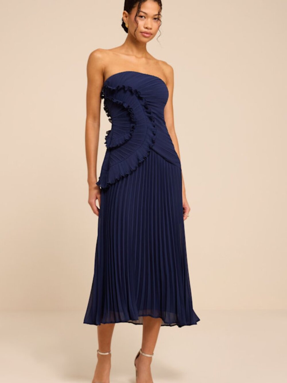 Lulus Brylee Navy Pleated Ruffled Midi Dress Blue - Size XS
